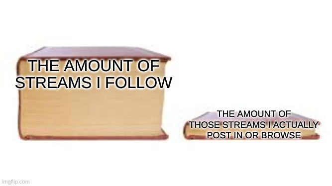 Image Title | THE AMOUNT OF STREAMS I FOLLOW; THE AMOUNT OF THOSE STREAMS I ACTUALLY POST IN OR BROWSE | image tagged in big book small book | made w/ Imgflip meme maker