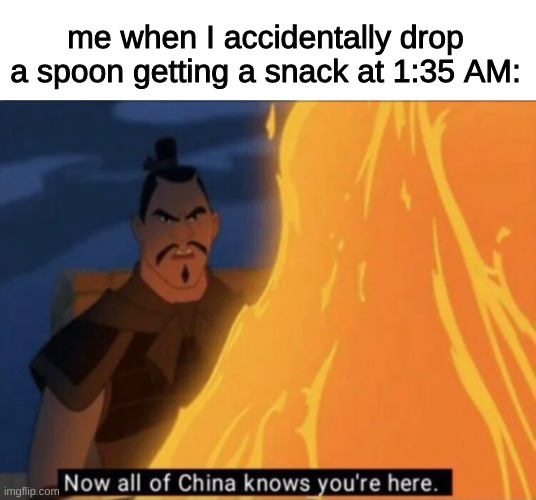*grabs keys and gets the frick out of dodge* |  me when I accidentally drop a spoon getting a snack at 1:35 AM: | image tagged in now all of china knows you're here | made w/ Imgflip meme maker