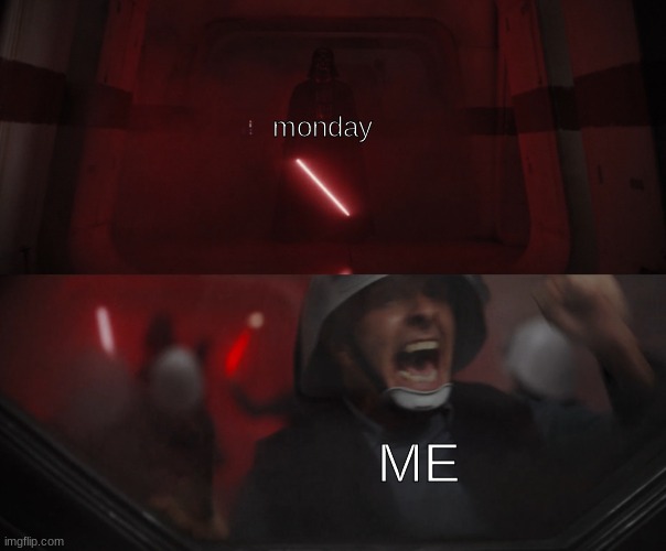 HELP MEEE!! | monday; ME | image tagged in darth vader vs rebel | made w/ Imgflip meme maker