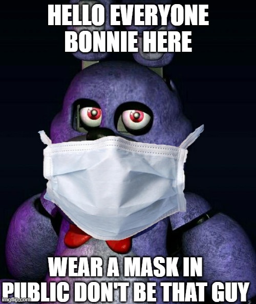Bonnie the bunny | HELLO EVERYONE BONNIE HERE; WEAR A MASK IN PUBLIC DON'T BE THAT GUY | image tagged in bonnie the bunny | made w/ Imgflip meme maker
