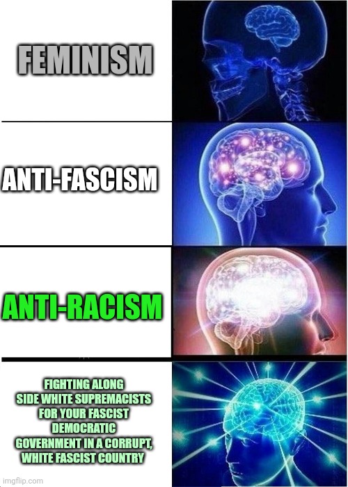 Expanding Brain | FEMINISM; ANTI-FASCISM; ANTI-RACISM; FIGHTING ALONG SIDE WHITE SUPREMACISTS FOR YOUR FASCIST DEMOCRATIC GOVERNMENT IN A CORRUPT, WHITE FASCIST COUNTRY | image tagged in memes,expanding brain | made w/ Imgflip meme maker