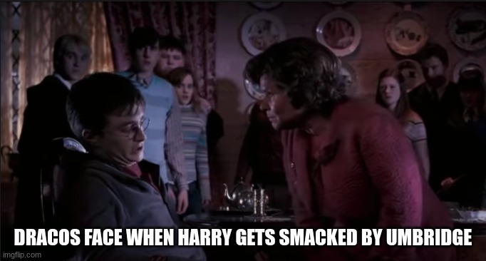 harry potter | DRACOS FACE WHEN HARRY GETS SMACKED BY UMBRIDGE | image tagged in harry potter | made w/ Imgflip meme maker