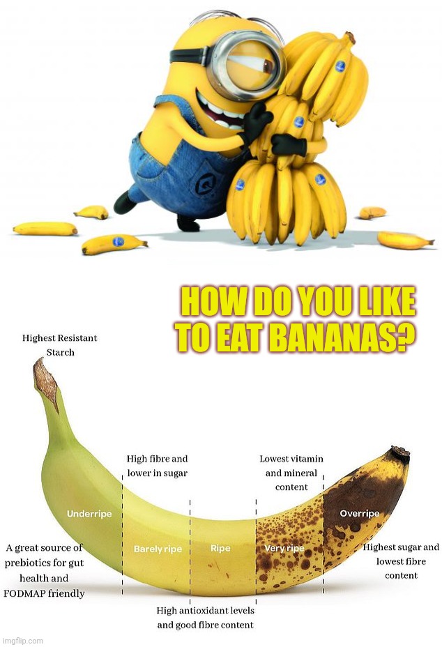 I like mine between barely ripe and ripe. | HOW DO YOU LIKE TO EAT BANANAS? | image tagged in minion bananas | made w/ Imgflip meme maker