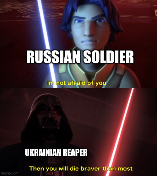 putin has taught you well comrade | RUSSIAN SOLDIER; UKRAINIAN REAPER | image tagged in im not afraid of you | made w/ Imgflip meme maker