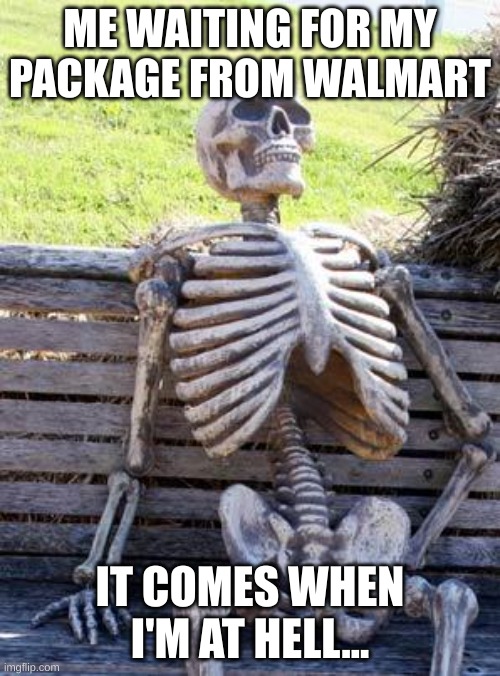 Waiting Skeleton Meme | ME WAITING FOR MY PACKAGE FROM WALMART; IT COMES WHEN I'M AT HELL... | image tagged in memes,waiting skeleton | made w/ Imgflip meme maker