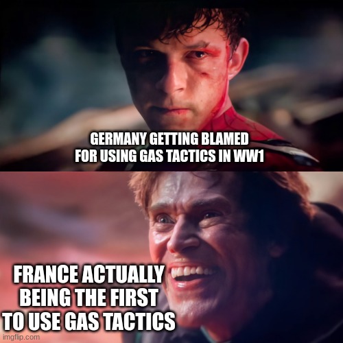 goblin | GERMANY GETTING BLAMED FOR USING GAS TACTICS IN WW1; FRANCE ACTUALLY BEING THE FIRST TO USE GAS TACTICS | image tagged in goblin | made w/ Imgflip meme maker