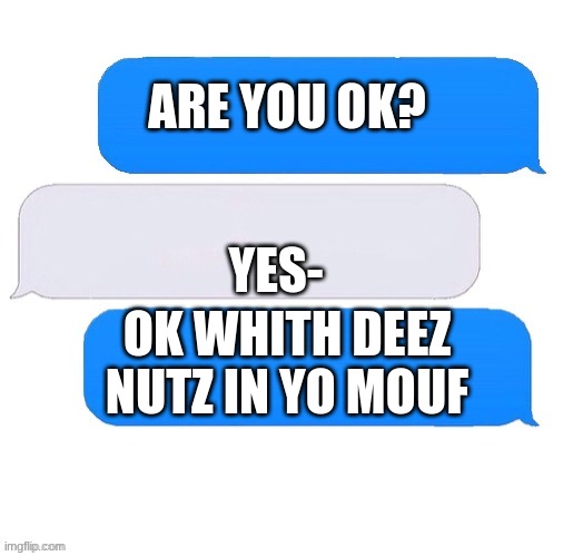 Three box text message | ARE YOU OK? YES-; OK WHITH DEEZ NUTZ IN YO MOUF | image tagged in three box text message | made w/ Imgflip meme maker