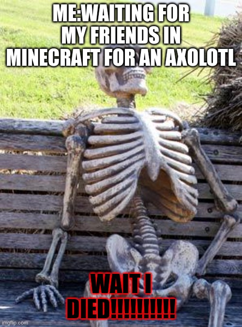 Waiting Skeleton | ME:WAITING FOR MY FRIENDS IN MINECRAFT FOR AN AXOLOTL; WAIT I DIED!!!!!!!!!! | image tagged in memes,waiting skeleton | made w/ Imgflip meme maker