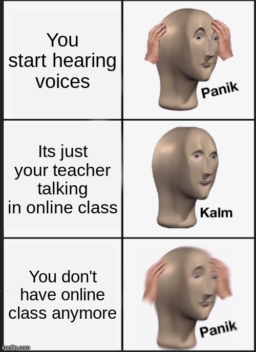 Panik Kalm Panik Meme | You start hearing voices; Its just your teacher talking in online class; You don't have online class anymore | image tagged in memes,panik kalm panik | made w/ Imgflip meme maker