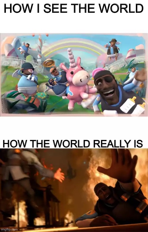 Help I have been possessed by the soul of a 4 year old | HOW I SEE THE WORLD; HOW THE WORLD REALLY IS | image tagged in pyrovision | made w/ Imgflip meme maker