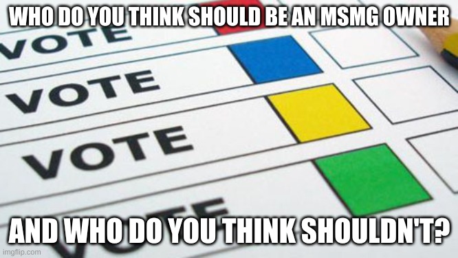 political poll | WHO DO YOU THINK SHOULD BE AN MSMG OWNER; AND WHO DO YOU THINK SHOULDN'T? | image tagged in political poll | made w/ Imgflip meme maker