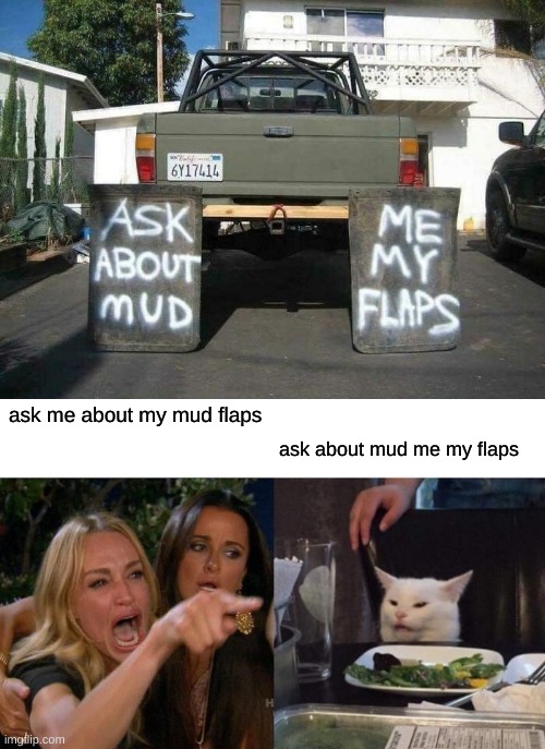 ask me about my mud flaps; ask about mud me my flaps | image tagged in memes,woman yelling at cat | made w/ Imgflip meme maker