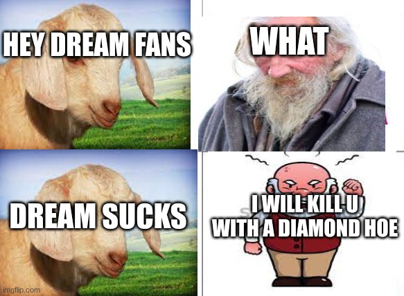 dream sucks | WHAT; HEY DREAM FANS; I WILL KILL U WITH A DIAMOND HOE; DREAM SUCKS | image tagged in memes,what do we want | made w/ Imgflip meme maker