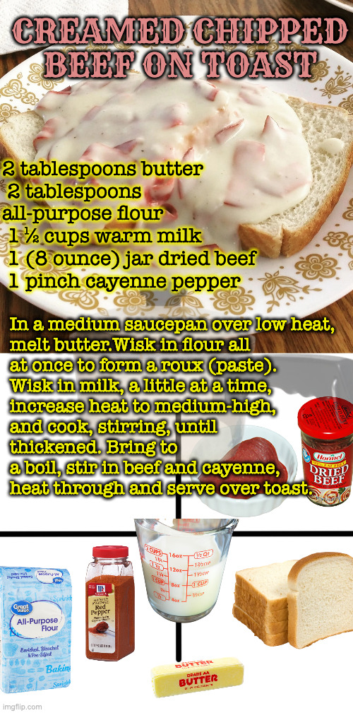 A Vintage "Favorite" from the '40s | CREAMED CHIPPED BEEF ON TOAST; 2 tablespoons butter
 2 tablespoons all-purpose flour
 1 ½ cups warm milk
 1 (8 ounce) jar dried beef
 1 pinch cayenne pepper; In a medium saucepan over low heat,  
melt butter.Wisk in flour all 
at once to form a roux (paste). 
Wisk in milk, a little at a time, 
increase heat to medium-high, 
and cook, stirring, until 
thickened. Bring to 
a boil, stir in beef and cayenne, 
heat through and serve over toast. | image tagged in sos,memes,blank starter pack | made w/ Imgflip meme maker