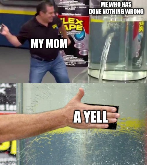 Flex Tape | ME WHO HAS DONE NOTHING WRONG; MY MOM; A YELL | image tagged in flex tape | made w/ Imgflip meme maker