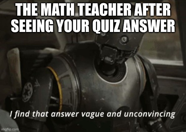 Math teachers can be weird sometimes | THE MATH TEACHER AFTER SEEING YOUR QUIZ ANSWER | image tagged in i find that answer vague and unconvincing | made w/ Imgflip meme maker
