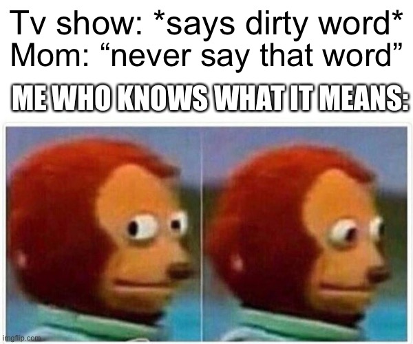Monkey Puppet Meme | Tv show: *says dirty word*; Mom: “never say that word”; ME WHO KNOWS WHAT IT MEANS: | image tagged in memes,monkey puppet | made w/ Imgflip meme maker