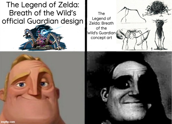 What was Nintendo thinking when they made their concept art for the Guardians- | The Legend of Zelda: Breath of the Wild's official Guardian design; The Legend of Zelda: Breath of the Wild's Guardian concept art | image tagged in teacher's copy,the legend of zelda breath of the wild,the legend of zelda,botw,guardian,confused screaming | made w/ Imgflip meme maker