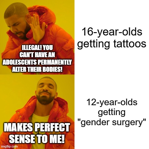 Please make it make sense... | 16-year-olds getting tattoos; ILLEGAL! YOU CAN'T HAVE AN ADOLESCENTS PERMANENTLY ALTER THEIR BODIES! 12-year-olds getting "gender surgery"; MAKES PERFECT SENSE TO ME! | image tagged in memes,drake hotline bling | made w/ Imgflip meme maker