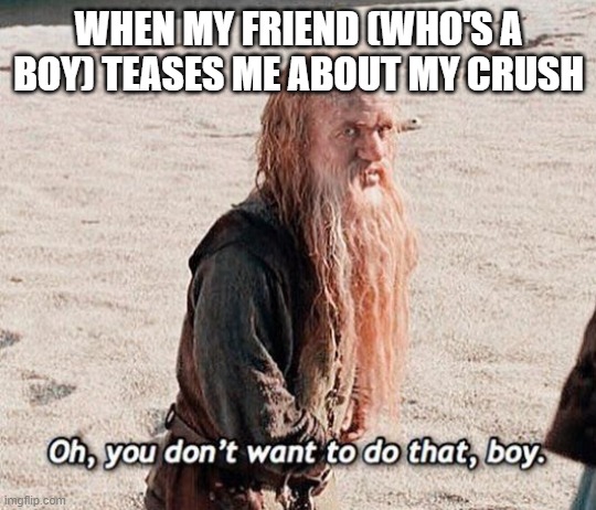 oh you don’t want to do that boy | WHEN MY FRIEND (WHO'S A BOY) TEASES ME ABOUT MY CRUSH | image tagged in oh you don t want to do that boy | made w/ Imgflip meme maker