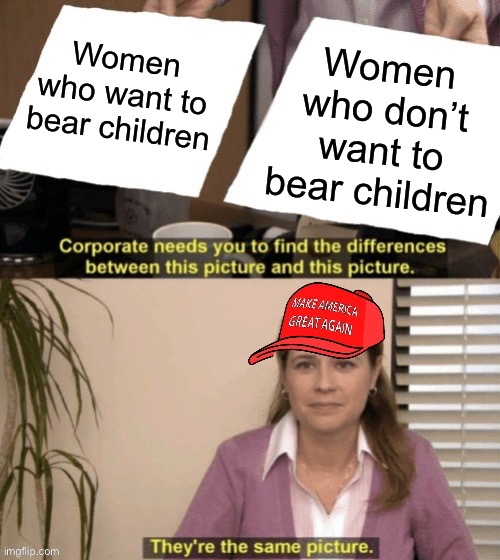 MAGA Corporate needs you to find the differences | Women who want to bear children; Women who don’t want to bear children | image tagged in maga corporate needs you to find the differences | made w/ Imgflip meme maker