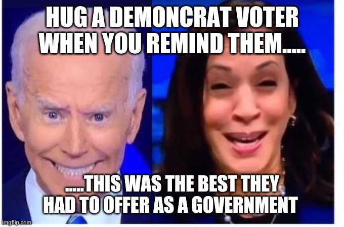 Not my fault baby | HUG A DEMONCRAT VOTER WHEN YOU REMIND THEM..... .....THIS WAS THE BEST THEY HAD TO OFFER AS A GOVERNMENT | image tagged in biden harris | made w/ Imgflip meme maker