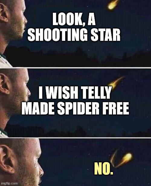 Look a Shooting star meme (Ant Life) | LOOK, A SHOOTING STAR; I WISH TELLY MADE SPIDER FREE; NO. | image tagged in shooting star | made w/ Imgflip meme maker