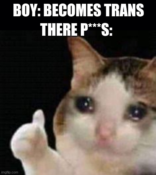 BOY: BECOMES TRANS; THERE P***S: | image tagged in black background,approved crying cat | made w/ Imgflip meme maker