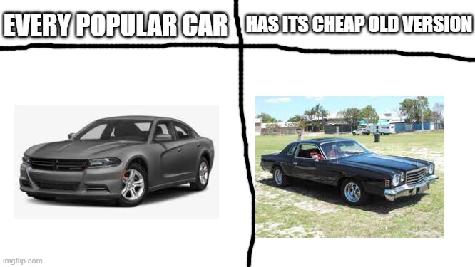 yes. | HAS ITS CHEAP OLD VERSION; EVERY POPULAR CAR | image tagged in blank white template 16 9 | made w/ Imgflip meme maker