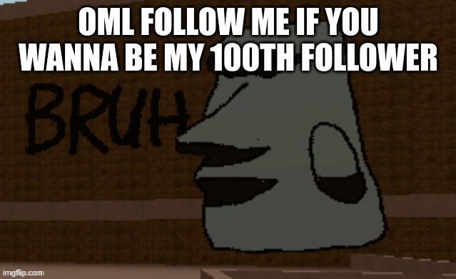 Bruh | OML FOLLOW ME IF YOU WANNA BE MY 100TH FOLLOWER | image tagged in bruh | made w/ Imgflip meme maker