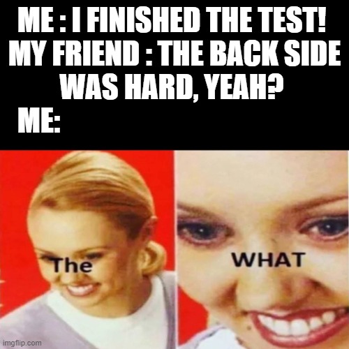 The What | ME : I FINISHED THE TEST! 
MY FRIEND : THE BACK SIDE WAS HARD, YEAH? 
ME: | image tagged in the what | made w/ Imgflip meme maker