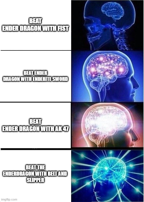 Expanding Brain Meme | BEAT ENDER DRAGON WITH FIST; BEAT ENDER DRAGON WITH ENDERITE SWORD; BEAT ENDER DRAGON WITH AK 47; BEAT THE ENDERDRAGON WITH BELT AND 
SLIPPER | image tagged in memes,expanding brain | made w/ Imgflip meme maker