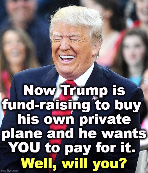 The man has no shame. No brains, but not shame either. | Now Trump is fund-raising to buy 
his own private plane and he wants YOU to pay for it. Well, will you? | image tagged in trump laughing,trump,begging,money,maga,suckers | made w/ Imgflip meme maker