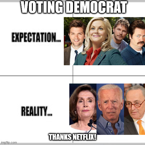 Parks and Rec lied to me | VOTING DEMOCRAT; THANKS NETFLIX! | image tagged in expectation vs reality,parks and rec,politics,democrats,losers | made w/ Imgflip meme maker