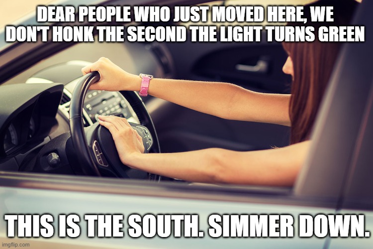 Don't honk the second the light turns green. |  DEAR PEOPLE WHO JUST MOVED HERE, WE DON'T HONK THE SECOND THE LIGHT TURNS GREEN; THIS IS THE SOUTH. SIMMER DOWN. | image tagged in honk,woman driver,car horn | made w/ Imgflip meme maker