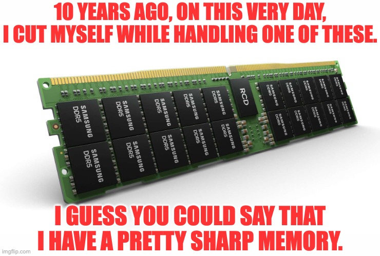 ram | 10 YEARS AGO, ON THIS VERY DAY, I CUT MYSELF WHILE HANDLING ONE OF THESE. I GUESS YOU COULD SAY THAT I HAVE A PRETTY SHARP MEMORY. | image tagged in bad pun | made w/ Imgflip meme maker