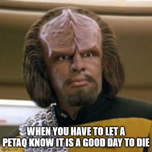 A good day to die | WHEN YOU HAVE TO LET A PETAQ KNOW IT IS A GOOD DAY TO DIE | image tagged in lt worf | made w/ Imgflip meme maker