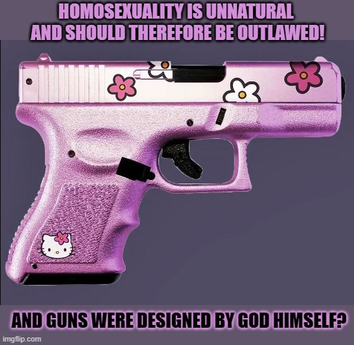 Should anything that's not natural be outlawed? | HOMOSEXUALITY IS UNNATURAL 
AND SHOULD THEREFORE BE OUTLAWED! AND GUNS WERE DESIGNED BY GOD HIMSELF? | image tagged in think about it,gun control,homophobia,hypocrisy,double standards | made w/ Imgflip meme maker