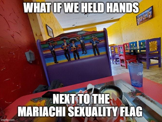 What if...? | WHAT IF WE HELD HANDS; NEXT TO THE MARIACHI SEXUALITY FLAG | image tagged in mariachi,funny memes,sexuality,mexican,mexico,kiss | made w/ Imgflip meme maker
