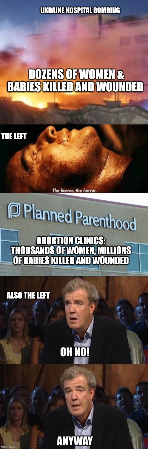 Today they pretend to care about dead babies | UKRAINE HOSPITAL BOMBING; DOZENS OF WOMEN & BABIES KILLED AND WOUNDED; THE LEFT; ABORTION CLINICS: THOUSANDS OF WOMEN, MILLIONS OF BABIES KILLED AND WOUNDED; ALSO THE LEFT | image tagged in planned abortionhood,oh no anyway,dead,babies | made w/ Imgflip meme maker