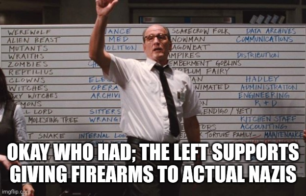 Like actual Nazis | OKAY WHO HAD; THE LEFT SUPPORTS GIVING FIREARMS TO ACTUAL NAZIS | image tagged in cabin the the woods | made w/ Imgflip meme maker