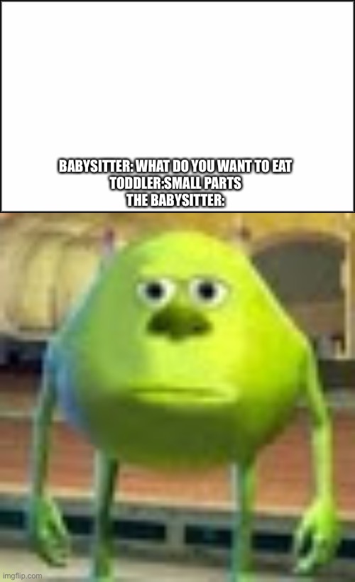 BABYSITTER: WHAT DO YOU WANT TO EAT
TODDLER:SMALL PARTS
THE BABYSITTER: | image tagged in plain white,sully wazowski | made w/ Imgflip meme maker