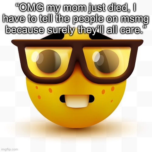 Nerd emoji | “OMG my mom just died, I have to tell the people on msmg because surely they’ll all care.” | image tagged in nerd emoji | made w/ Imgflip meme maker