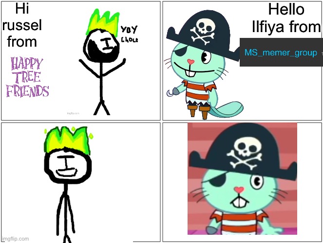 Crossover real | Hi russel from; Hello Ilfiya from | image tagged in memes,blank comic panel 2x2 | made w/ Imgflip meme maker