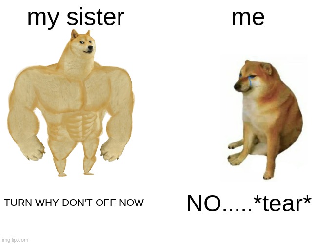 Buff Doge vs. Cheems Meme | my sister; me; TURN WHY DON'T OFF NOW; NO.....*tear* | image tagged in memes,buff doge vs cheems | made w/ Imgflip meme maker