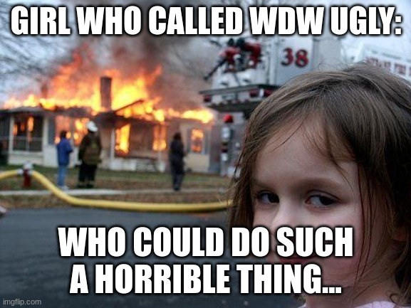 Disaster Girl Meme | GIRL WHO CALLED WDW UGLY:; WHO COULD DO SUCH A HORRIBLE THING... | image tagged in memes,disaster girl | made w/ Imgflip meme maker