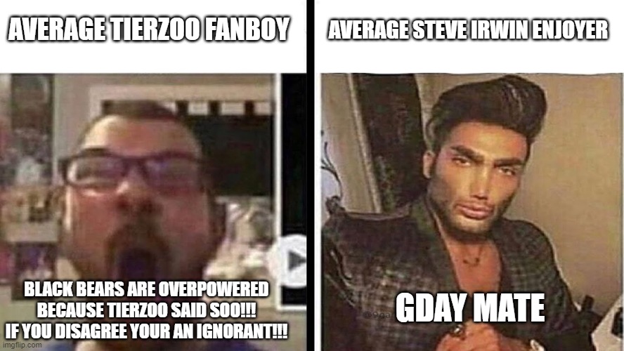 Virgin Tierzoo fans vs Chad Steve Irwin fans: |  AVERAGE STEVE IRWIN ENJOYER; AVERAGE TIERZOO FANBOY; GDAY MATE; BLACK BEARS ARE OVERPOWERED BECAUSE TIERZOO SAID SOO!!! IF YOU DISAGREE YOUR AN IGNORANT!!! | image tagged in virgin vs chad,chad | made w/ Imgflip meme maker