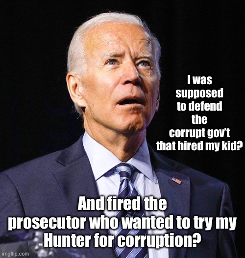 Joe Biden | I was supposed to defend the corrupt gov’t that hired my kid? And fired the prosecutor who wanted to try my
Hunter for corruption? | image tagged in joe biden | made w/ Imgflip meme maker
