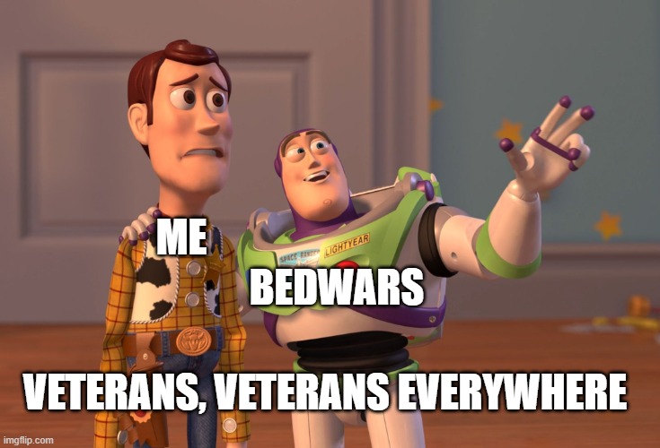 Bedwars Veterans Everywhere | BEDWARS; ME; VETERANS, VETERANS EVERYWHERE | image tagged in memes,x x everywhere | made w/ Imgflip meme maker