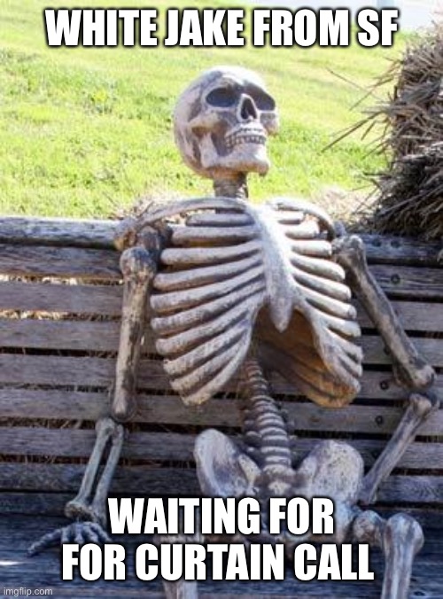 commercial could murder web | WHITE JAKE FROM SF; WAITING FOR FOR CURTAIN CALL | image tagged in memes,waiting skeleton | made w/ Imgflip meme maker